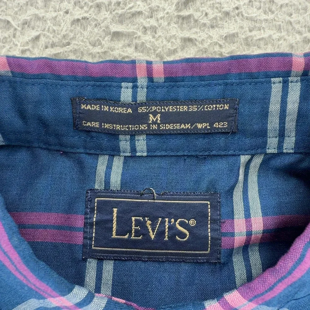 Levis Mens Medium Blue Pink Plaid Long Sleeve Button Down Shirt Cotton Blend